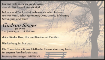 Traueranzeige von Gudrun Singer (geb. Dienel)  von Magdeburger Volksstimme