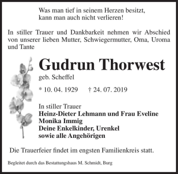 Traueranzeige von Gudrun Thorwest (geb. Scheffel)  von Magdeburger Volksstimme