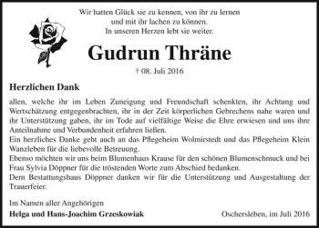 Traueranzeige von Gudrun Thräne  von Magdeburger Volksstimme