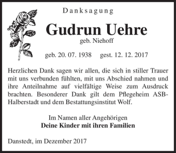 Traueranzeige von Gudrun Uehre (geb. Niehoff)  von Magdeburger Volksstimme