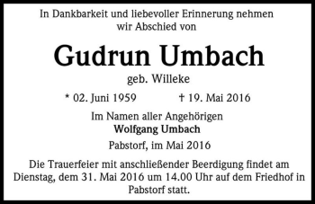 Traueranzeige von Gudrun Umbach (geb. Willeke)  von Magdeburger Volksstimme