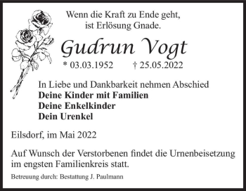 Traueranzeige von Gudrun Vogt  von Magdeburger Volksstimme