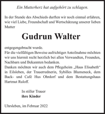 Traueranzeige von Gudrun Walter  von Magdeburger Volksstimme