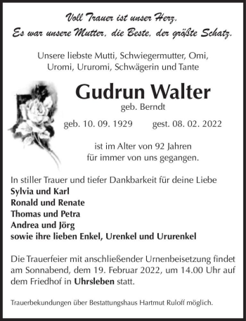 Traueranzeige von Gudrun Walter (geb. Berndt)  von Magdeburger Volksstimme