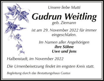 Traueranzeige von Gudrun Weitling (geb. Ziemann)  von Magdeburger Volksstimme