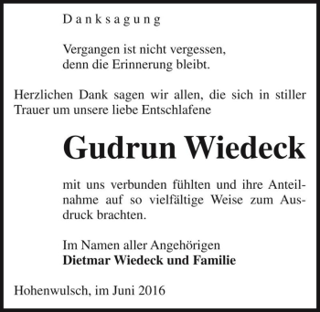 Traueranzeige von Gudrun Wiedeck  von Magdeburger Volksstimme