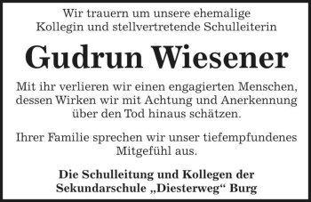 Traueranzeige von Gudrun Wiesener  von Magdeburger Volksstimme