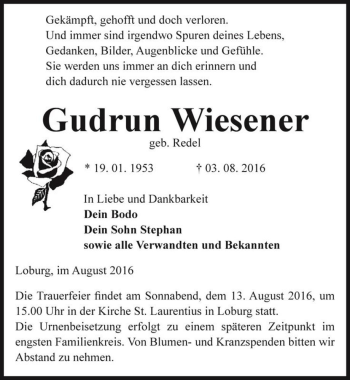 Traueranzeige von Gudrun Wiesener (geb. Redel)  von Magdeburger Volksstimme