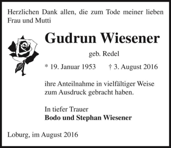 Traueranzeige von Gudrun Wiesener (geb. Redel)  von Magdeburger Volksstimme