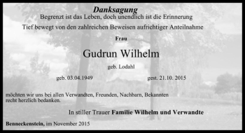 Traueranzeige von Gudrun Wilhelm (geb. Lodahl)  von Magdeburger Volksstimme