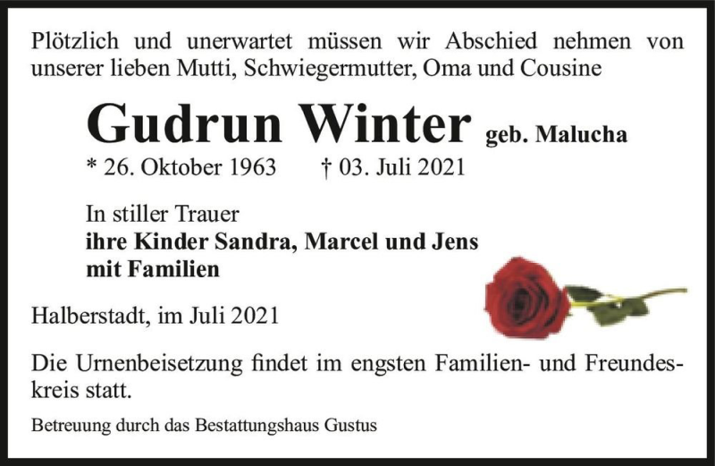  Traueranzeige für Gudrun Winter (geb. Malucha)  vom 10.07.2021 aus Magdeburger Volksstimme