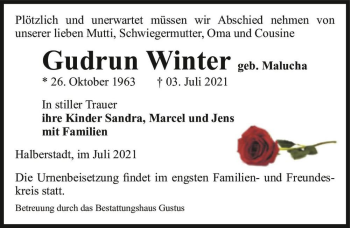 Traueranzeige von Gudrun Winter (geb. Malucha)  von Magdeburger Volksstimme