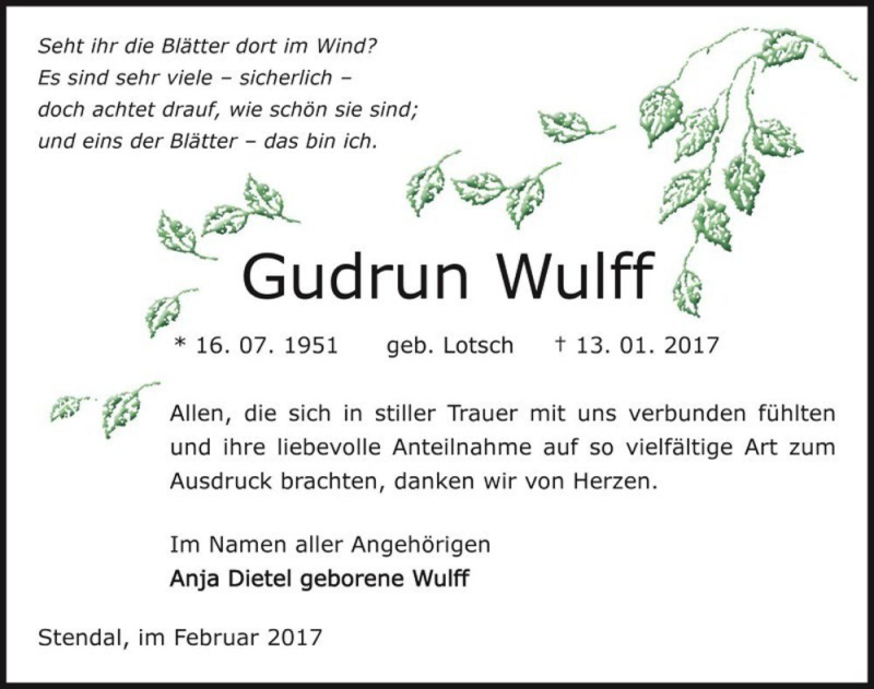  Traueranzeige für Gudrun Wulff (geb. Lotsch)  vom 11.02.2017 aus Magdeburger Volksstimme