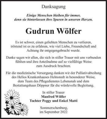 Traueranzeige von Gudrun Wölfer  von Magdeburger Volksstimme
