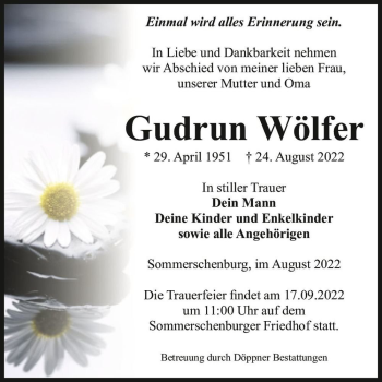 Traueranzeige von Gudrun Wölfer  von Magdeburger Volksstimme