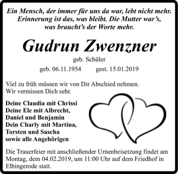 Traueranzeige von Gudrun Zwenzner (geb. Schüler)  von Magdeburger Volksstimme