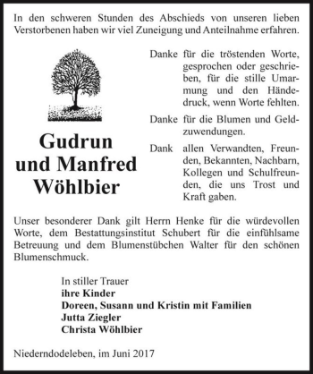 Traueranzeige von Gudrun und Manfred Wöhlbier  von Magdeburger Volksstimme