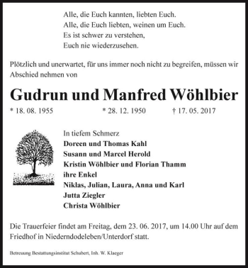Traueranzeige von Gudrun und Manfred Wöhlbier  von Magdeburger Volksstimme