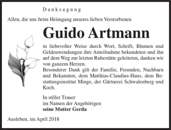 Traueranzeige von Guido Artmann  von Magdeburger Volksstimme