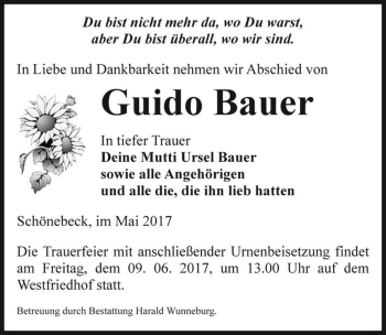 Traueranzeige von Guido Bauer  von Magdeburger Volksstimme