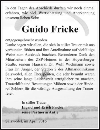 Traueranzeige von Guido Fricke  von Magdeburger Volksstimme