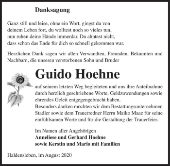 Traueranzeige von Guido Hoehne  von Magdeburger Volksstimme