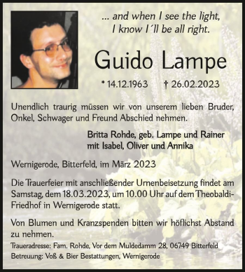Traueranzeige von Guido Lampe  von Magdeburger Volksstimme