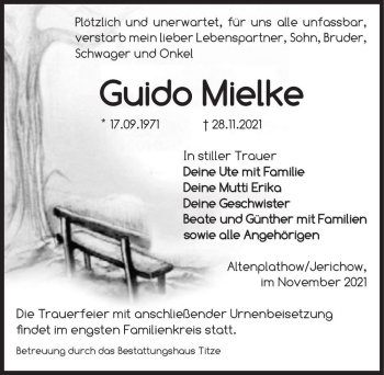 Traueranzeige von Guido Mielke  von Magdeburger Volksstimme