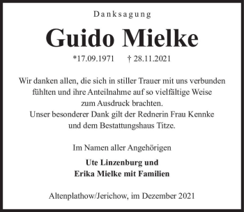 Traueranzeige von Guido Mielke  von Magdeburger Volksstimme