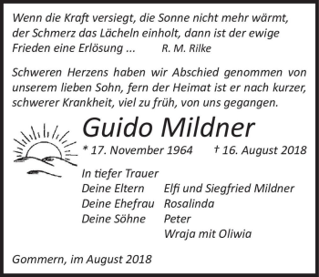 Traueranzeige von Guido Mildner  von Magdeburger Volksstimme