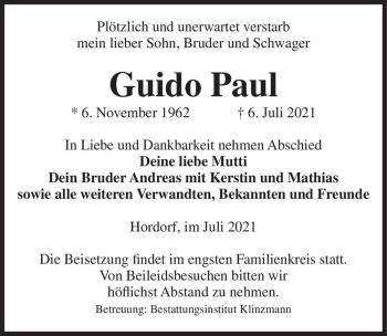 Traueranzeige von Guido Paul  von Magdeburger Volksstimme