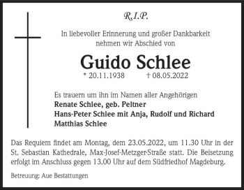 Traueranzeige von Guido Schlee  von Magdeburger Volksstimme