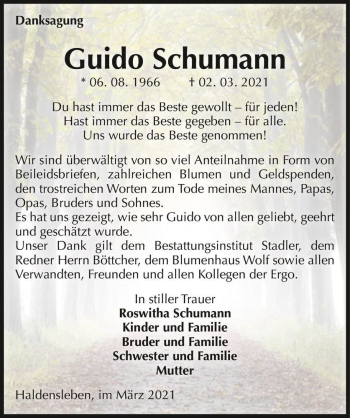 Traueranzeige von Guido Schumann  von Magdeburger Volksstimme
