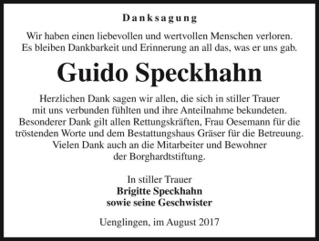 Traueranzeige von Guido Speckhahn  von Magdeburger Volksstimme
