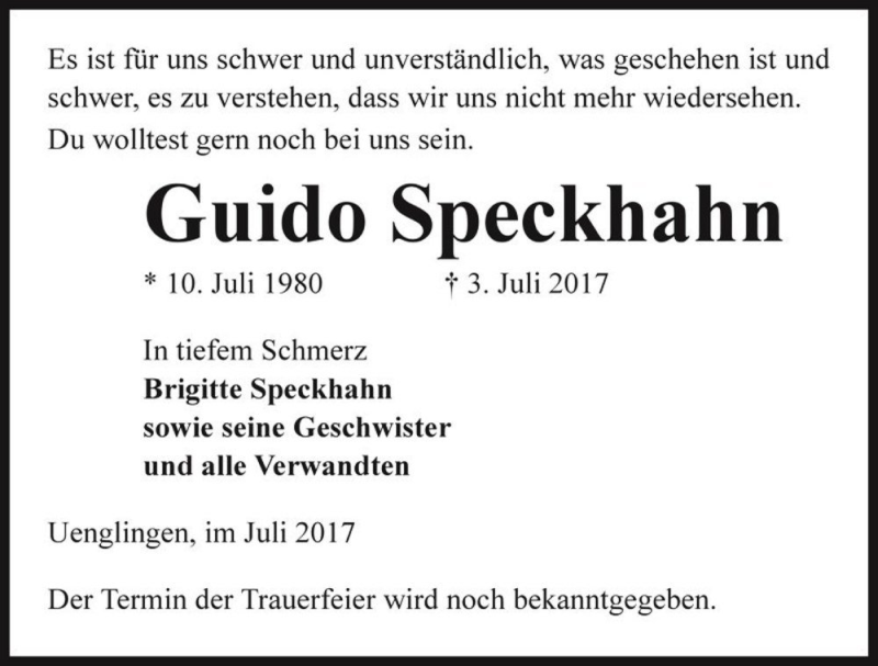  Traueranzeige für Guido Speckhahn  vom 08.07.2017 aus Magdeburger Volksstimme