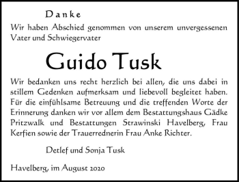 Traueranzeige von Guido Tusk  von Magdeburger Volksstimme