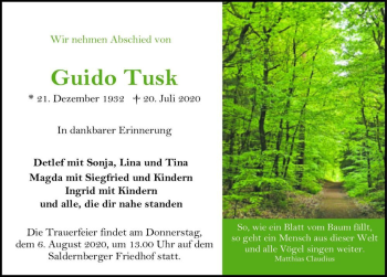 Traueranzeige von Guido Tusk  von Magdeburger Volksstimme