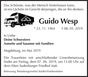 Traueranzeige von Guido Wesp  von Magdeburger Volksstimme