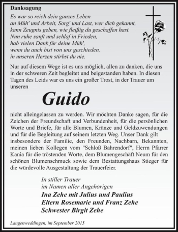 Traueranzeige von Guido Zehe  von Magdeburger Volksstimme