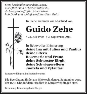 Traueranzeige von Guido Zehe  von Magdeburger Volksstimme