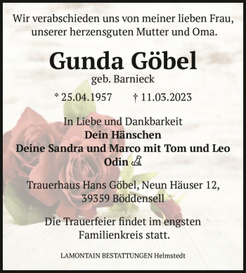 Traueranzeige von Gunda Göbel (geb. Barnieck)  von Magdeburger Volksstimme