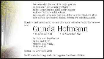 Traueranzeige von Gunda Hofmann  von Magdeburger Volksstimme