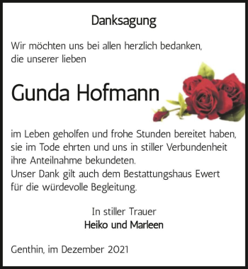 Traueranzeige von Gunda Hofmann  von Magdeburger Volksstimme