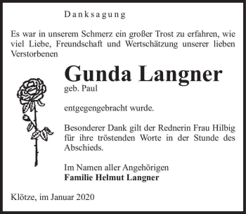 Traueranzeige von Gunda Langner (geb. Paul)  von Magdeburger Volksstimme
