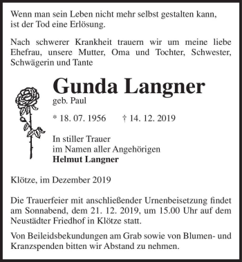 Traueranzeige von Gunda Langner (geb. Paul)  von Magdeburger Volksstimme