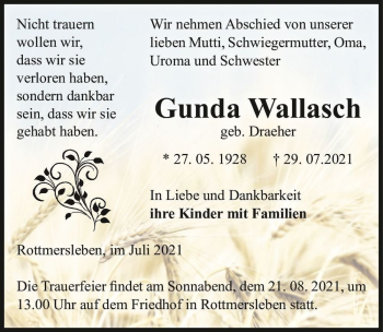 Traueranzeige von Gunda Wallasch (geb. Draeher)  von Magdeburger Volksstimme