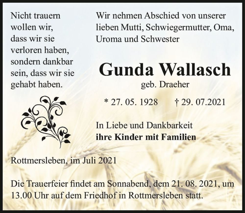  Traueranzeige für Gunda Wallasch (geb. Draeher)  vom 03.08.2021 aus Magdeburger Volksstimme