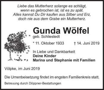 Traueranzeige von Gunda Wölfel (geb. Schliestedt)  von Magdeburger Volksstimme