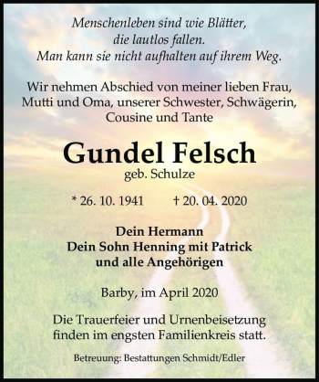 Traueranzeige von Gundel Felsch (geb. Schulze)  von Magdeburger Volksstimme