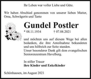 Traueranzeige von Gundel Postler  von Magdeburger Volksstimme